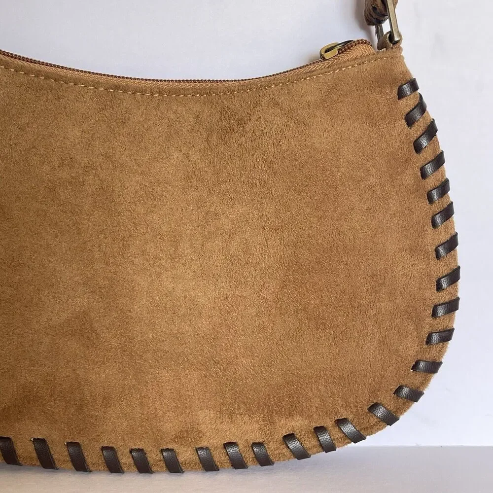 Women Sewn Edges Handbag Suede leather Brown Embroidery